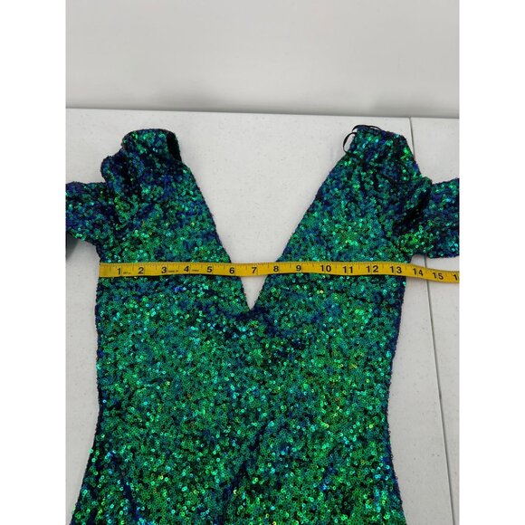 NWT AGACI S Sequin Mini Dress Green Blue Iridescent V-Neck Mermaid Bodycon - Picture 7 of 11